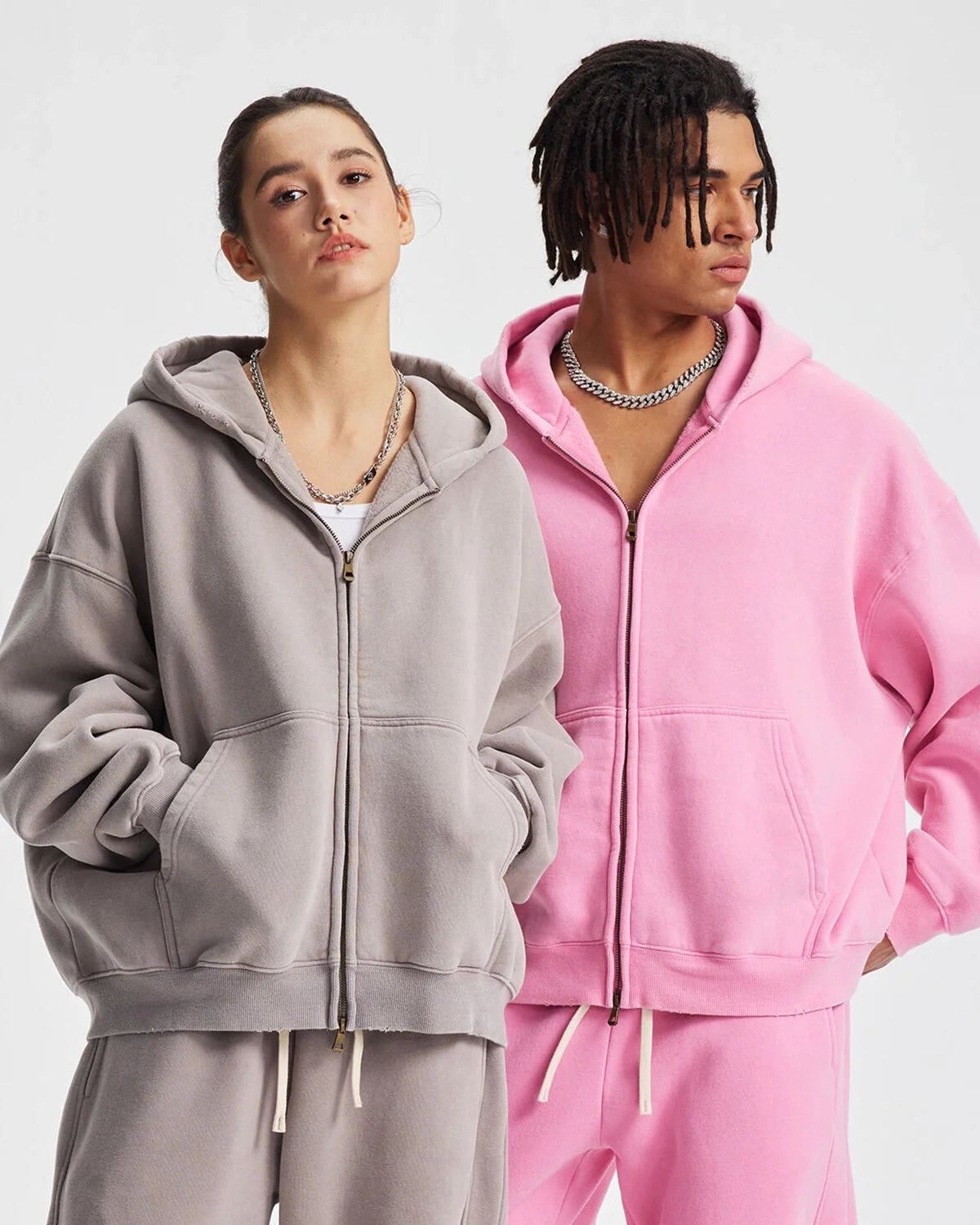 Boxy Fit Acid Washed Fleece Zip Up Hoodies | LCDEGO Streetwear