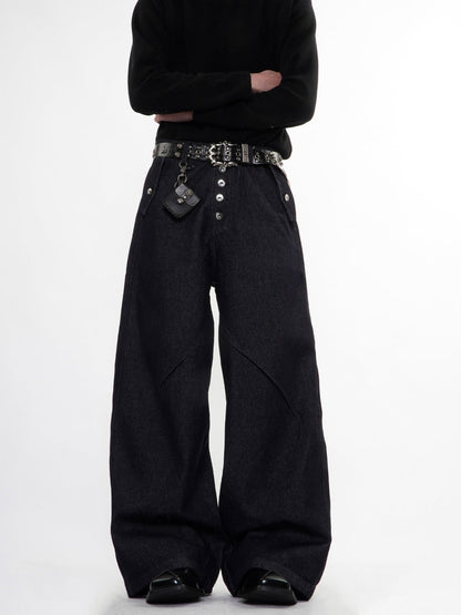 Buttons Up Raw Blue Baggy Jeans | LCDEGO Streetwear
