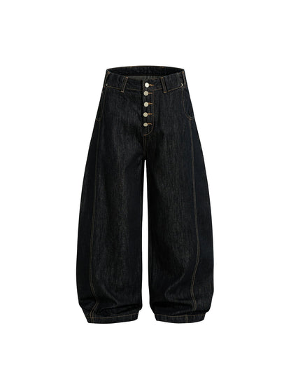 Black Buttons Up Barrel Baggy Jeans | LCDEGO Streetwear