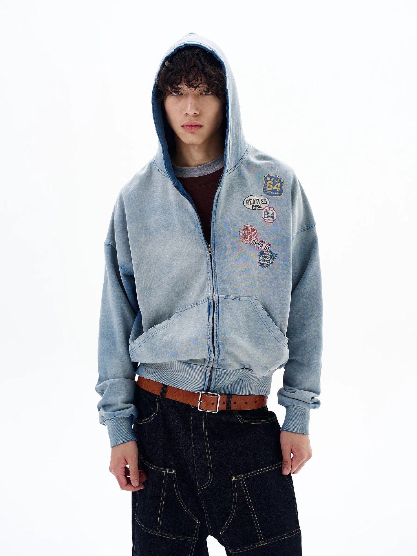 Blue Distressed Acid Wash Zip Up Hoodies | LCDEGO Streetwear