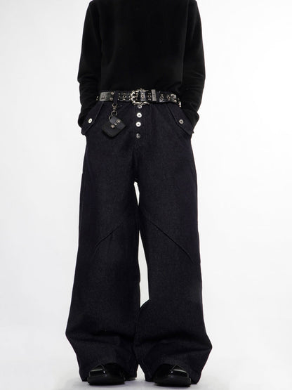 Buttons Up Raw Blue Baggy Jeans | LCDEGO Streetwear