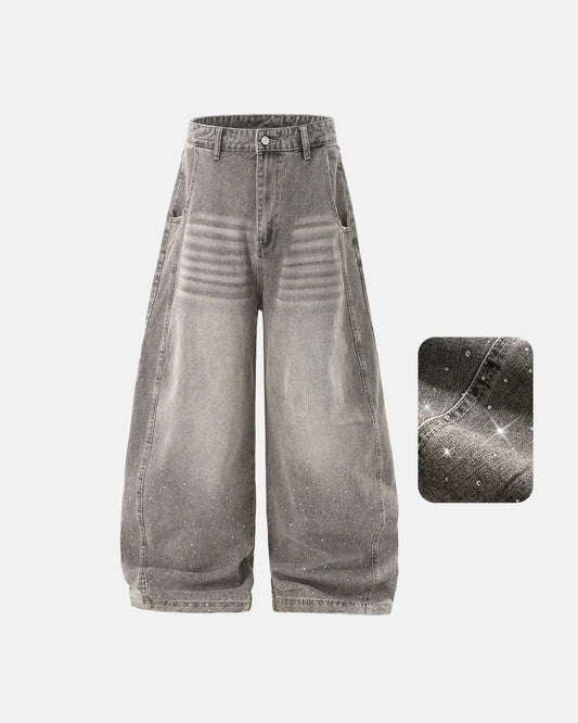 Rhinestone Washed Barrel Jeans| LCDEGO Streetwear