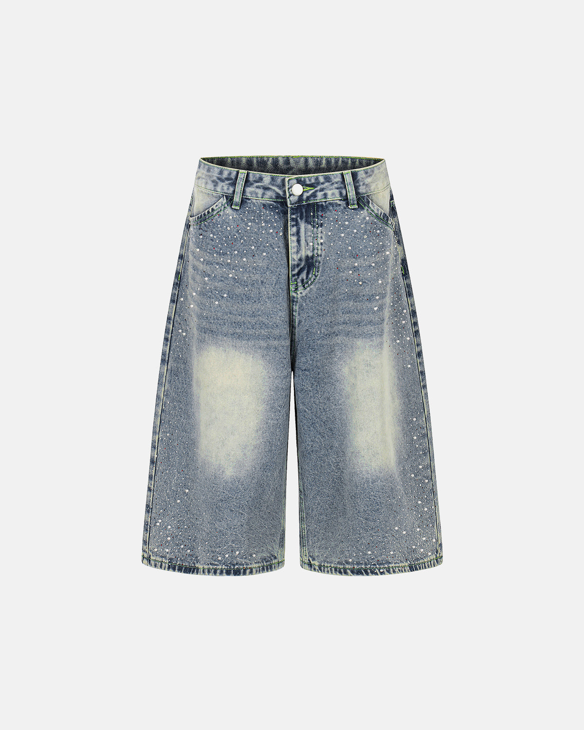 paint splatter washed denim jorts with longline baggy fit