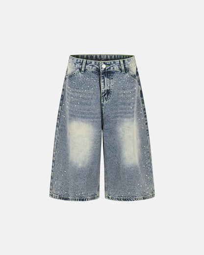 paint splatter washed denim jorts with longline baggy fit