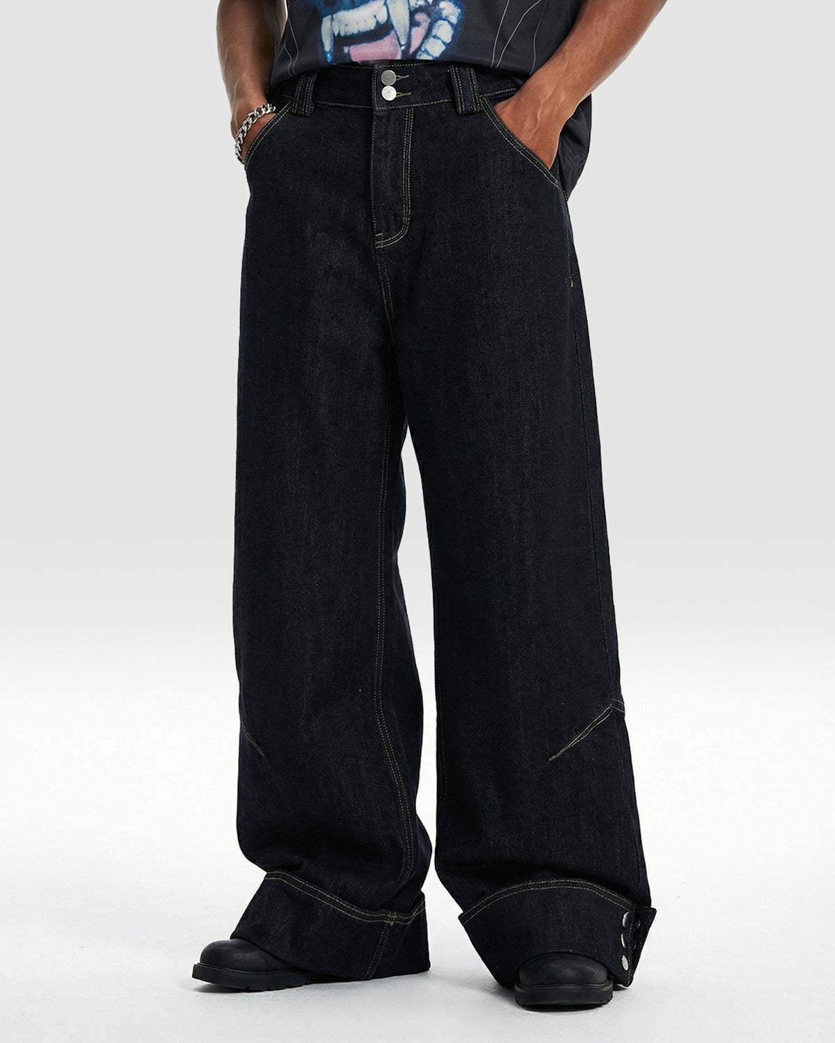 Dark Washed Cuff Detail Wide Leg Jeans | LCDEGO Streetwear