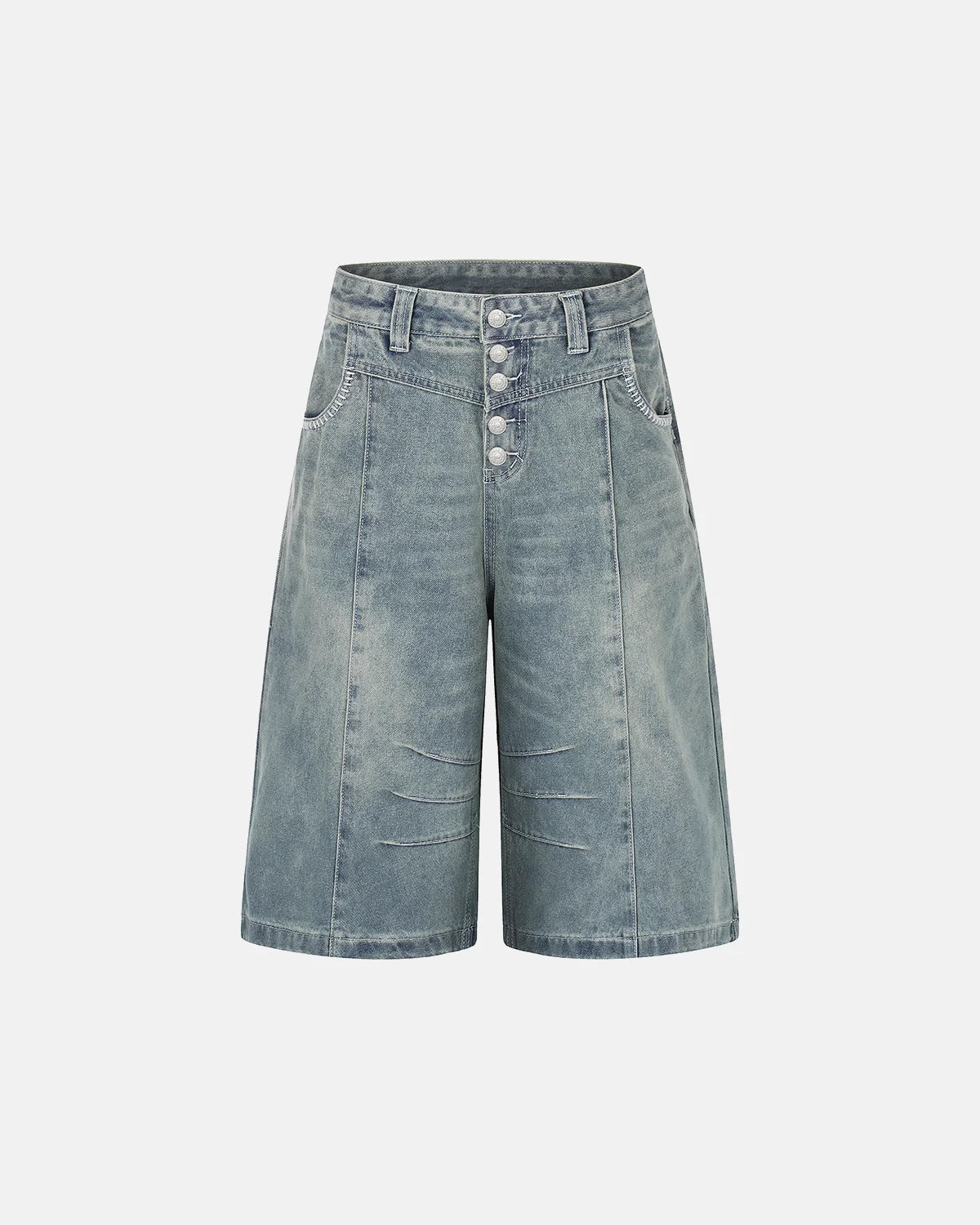 mens baggy denim jorts with panel design and longline fit