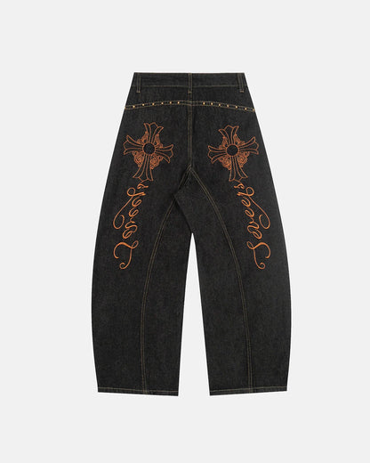 Gothic Cross Embroidery Barrel Jeans | LCDEGO Streetwear