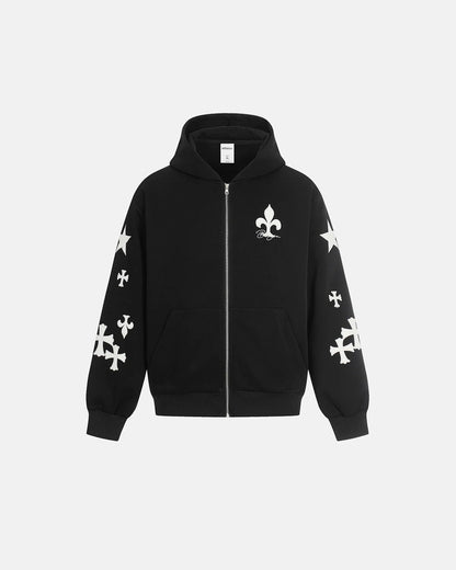 Cross PU Patch Embroidery Zip Up Hoodies | LCDEGO Streetwear