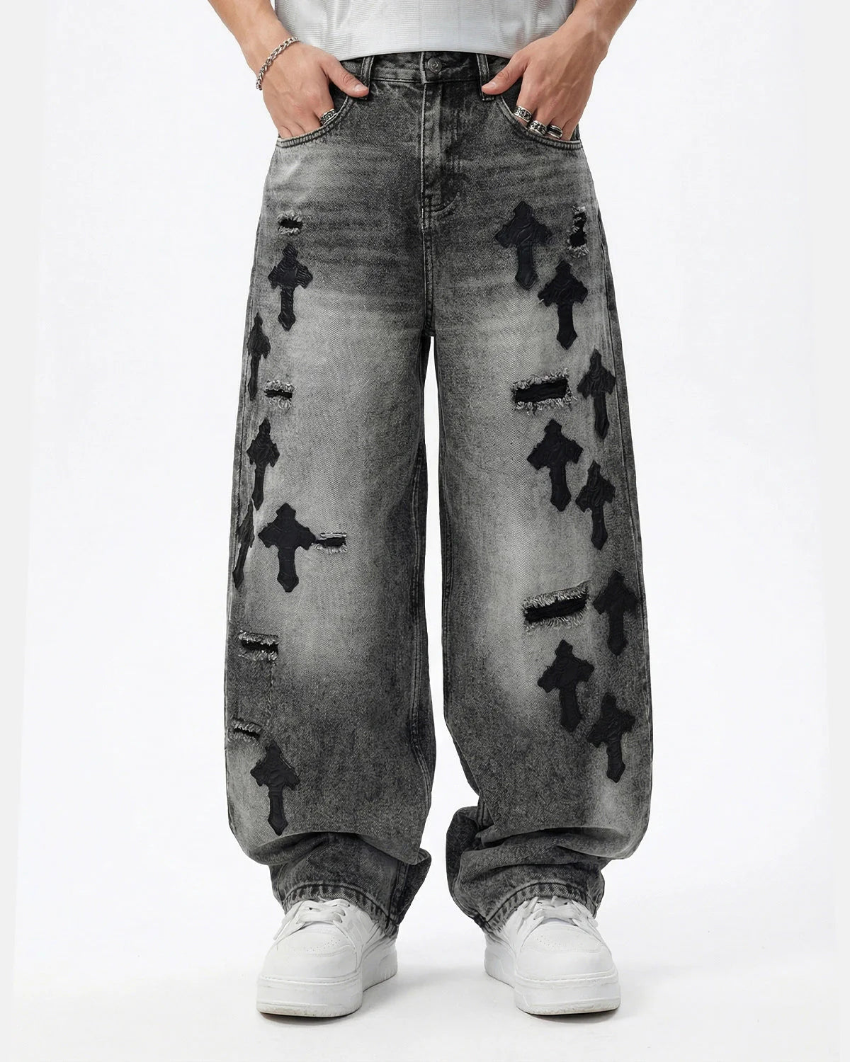 Distressed Cross Barrel Jeans | LCDEGO Streetwear