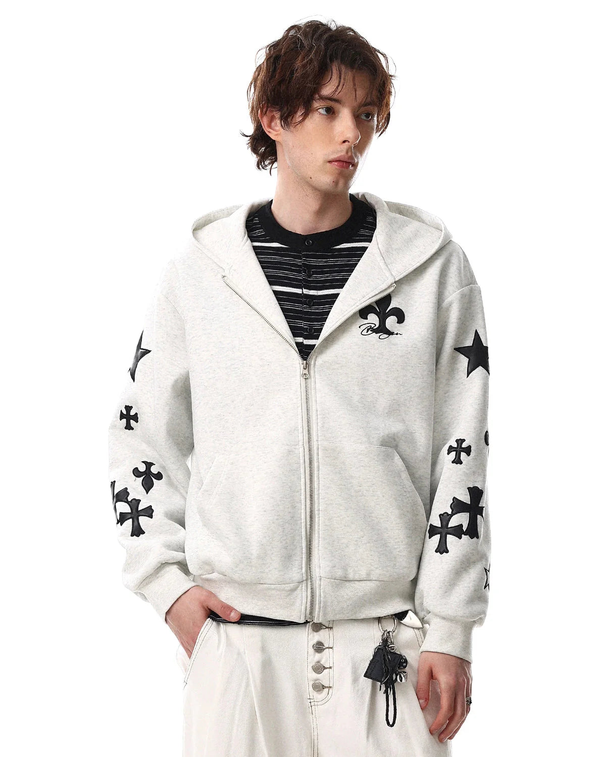 Cross PU Patch Embroidery Zip Up Hoodies | LCDEGO Streetwear
