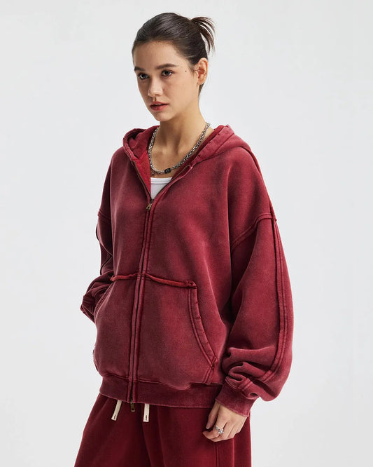 Distressed Acid Wash Double Zip Up Hoodies | LCDEGO Streetwear