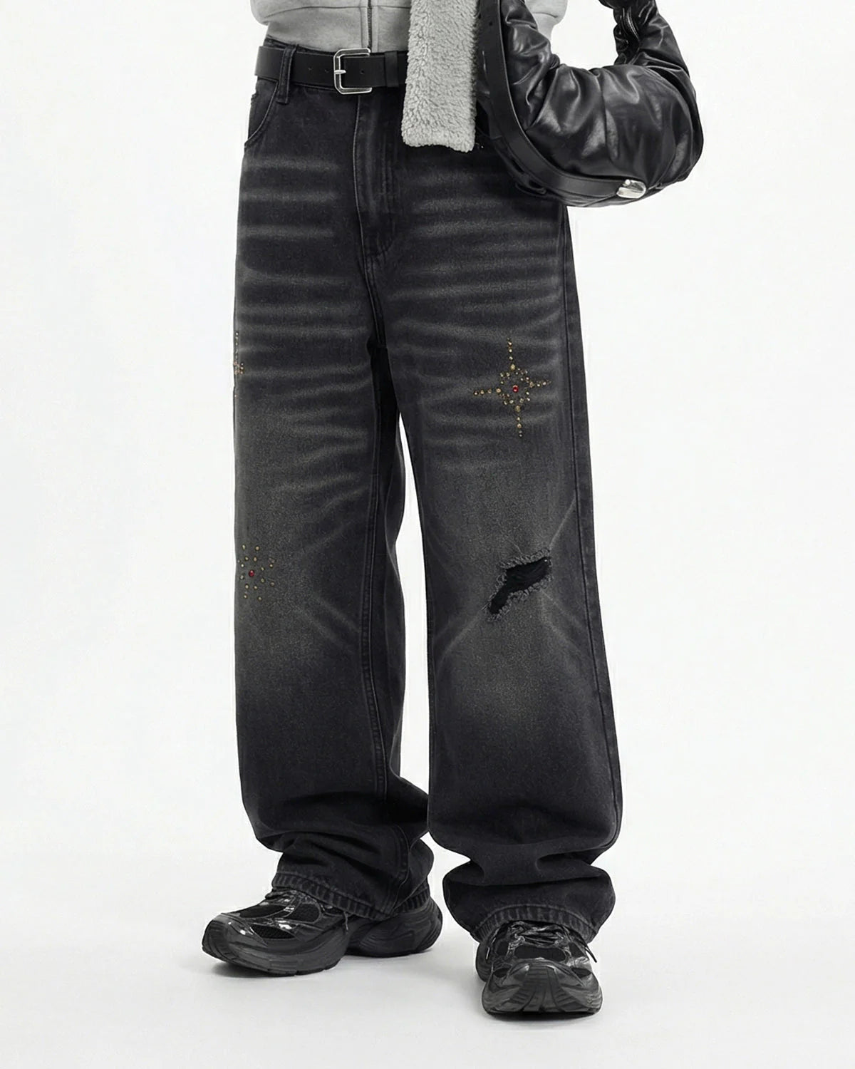 Distressed Rhinestone Ripped Baggy Jeans | LCDEGO Streetwear