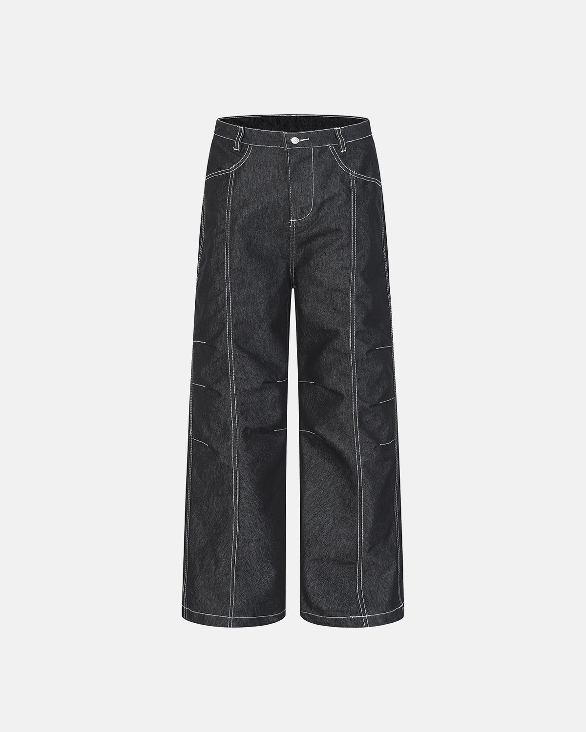 deconstructed pleated straight-leg jeans with structured seams and clean modern silhouette