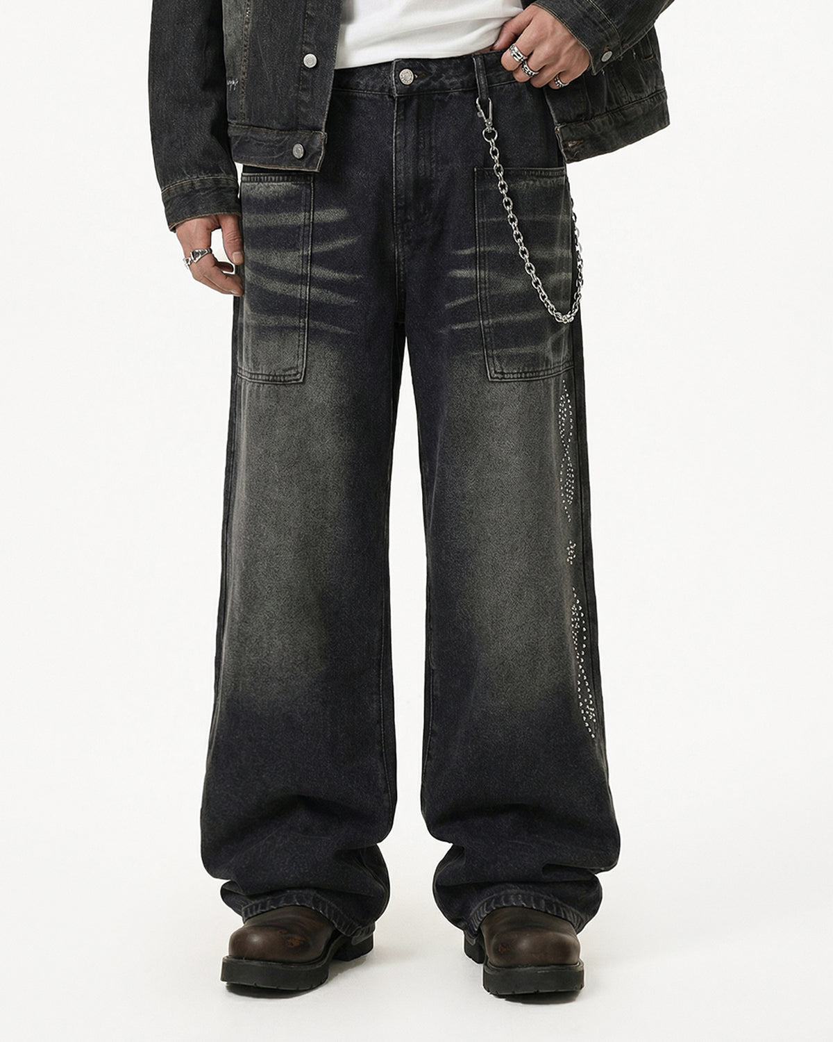Whiskered Rhinestone Baggy Denim Jeans | LCDEGO Streetwear