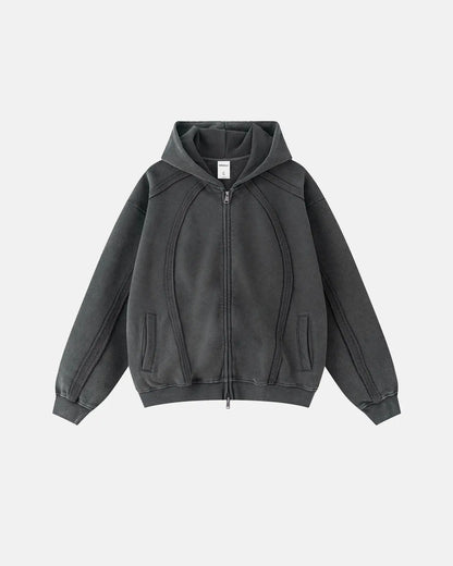 Contrast Stitching Distressed Wash Zip Up Hoodies | LCDEGO Streetwear