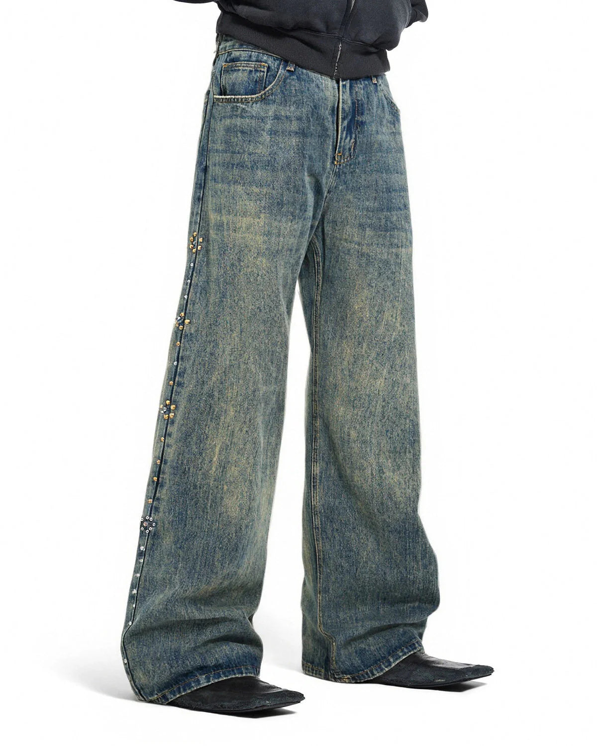 Acid Wash Beaded Studded Flared Baggy Jeans | LCDEGO Streetwear