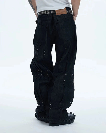 Studded Deconstructed Flared Baggy Jeans | LCDEGO Streetwear