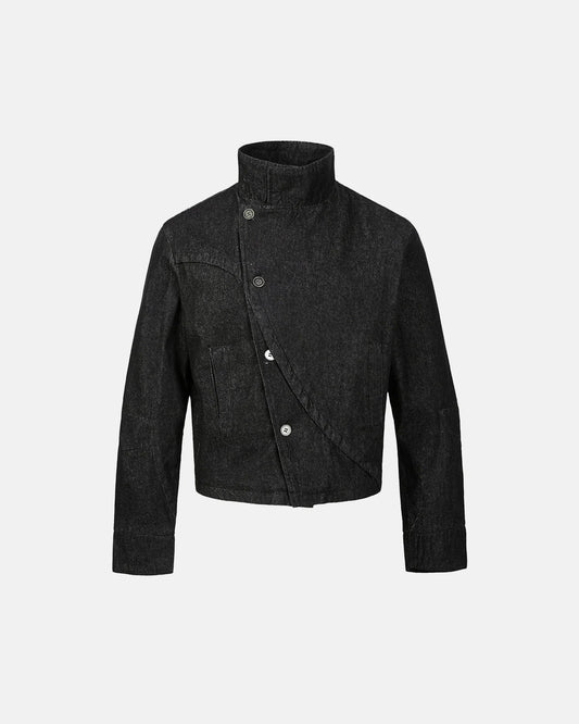 Cropped Asymmetric Button Denim Jacket | LCDEGO Streetwear
