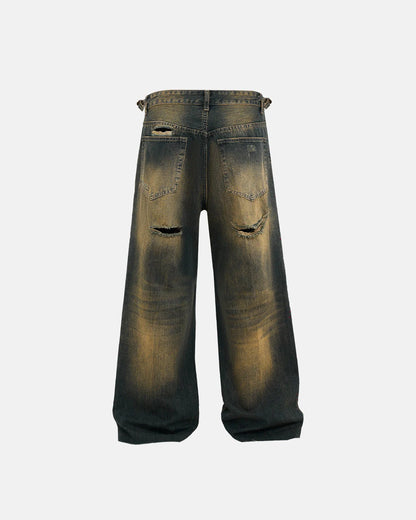 Dirty Wash Rhinestone Baggy Jeans | LCDEGO Streetwear