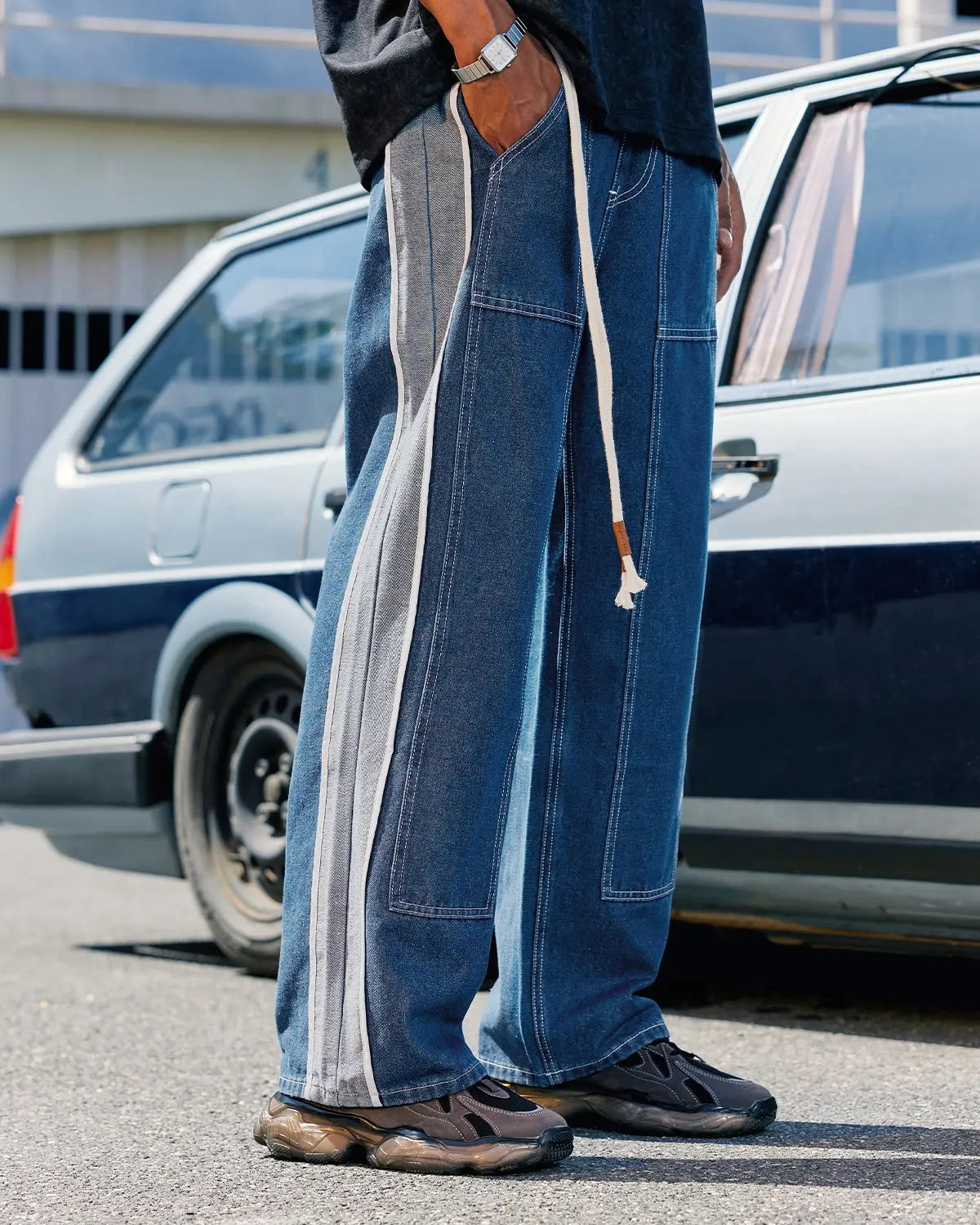 Patchwork Straight Leg Jeans with Belt | LCDEGO Streetwear