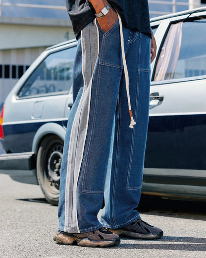Patchwork Straight Leg Jeans with Belt | LCDEGO Streetwear