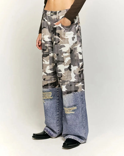 Patchwork Effect Print Baggy Jeans | LCDEGO Streetwear