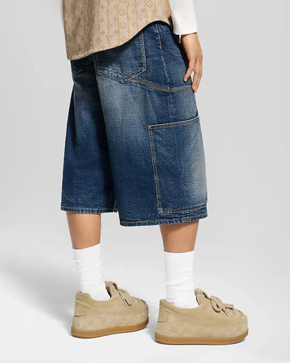 Indigo Washed Cargo Denim Jorts | LCDEGO Streetwear