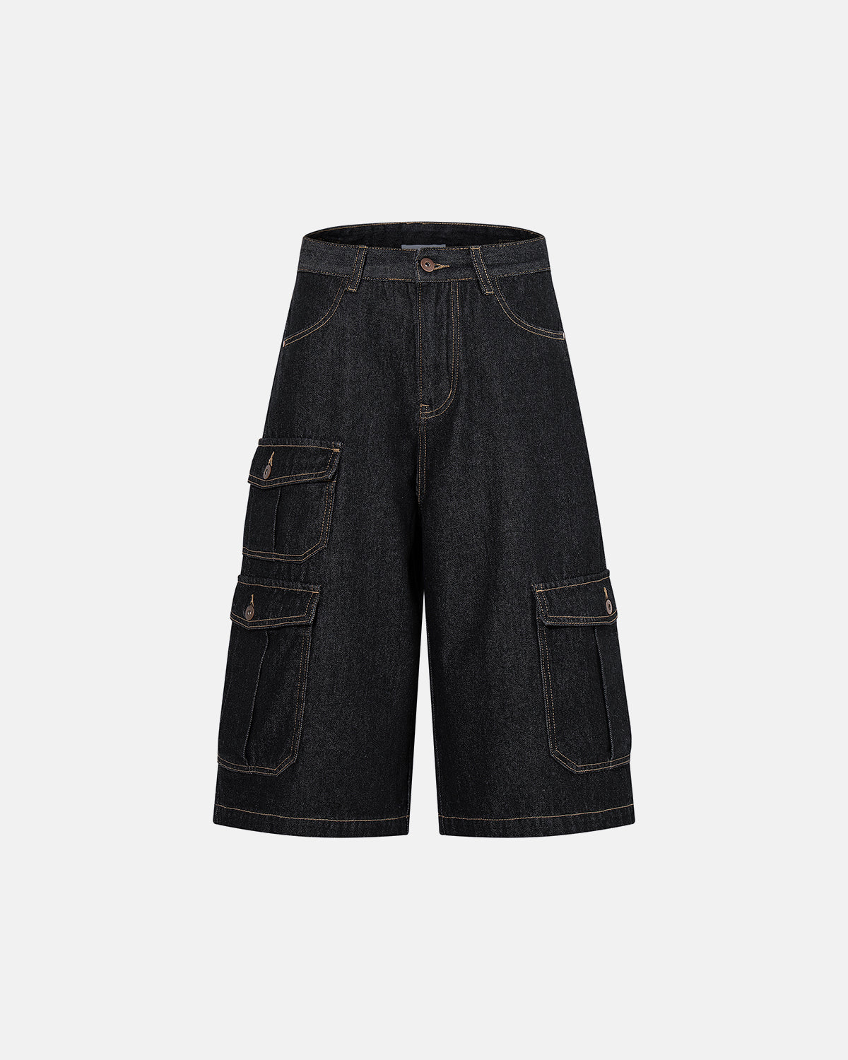 raw denim longline cargo jorts with adjustable waist tabs and pockets