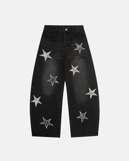Acid Washed Star Embroidered Barrel Jeans | LCDEGO Streetwear