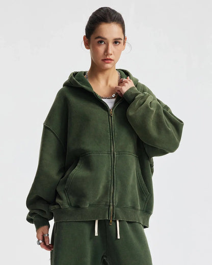 Boxy Fit Acid Washed Fleece Zip Up Hoodies | LCDEGO Streetwear