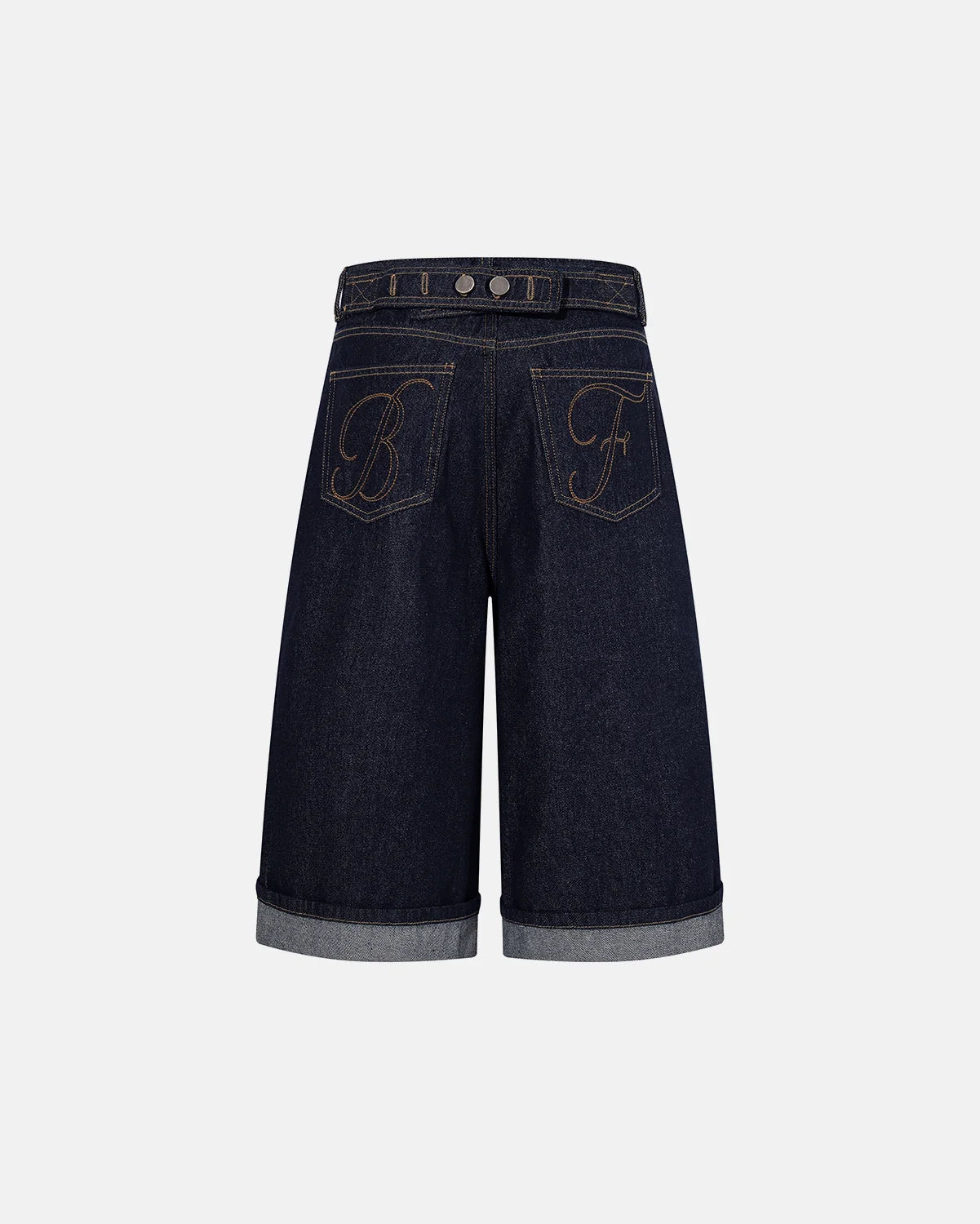 back buckle baggy denim jorts front view