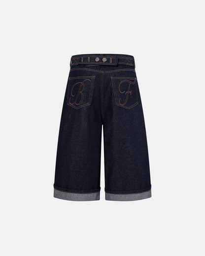 back buckle baggy denim jorts front view
