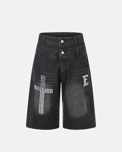 rhinestone cross denim jorts front view