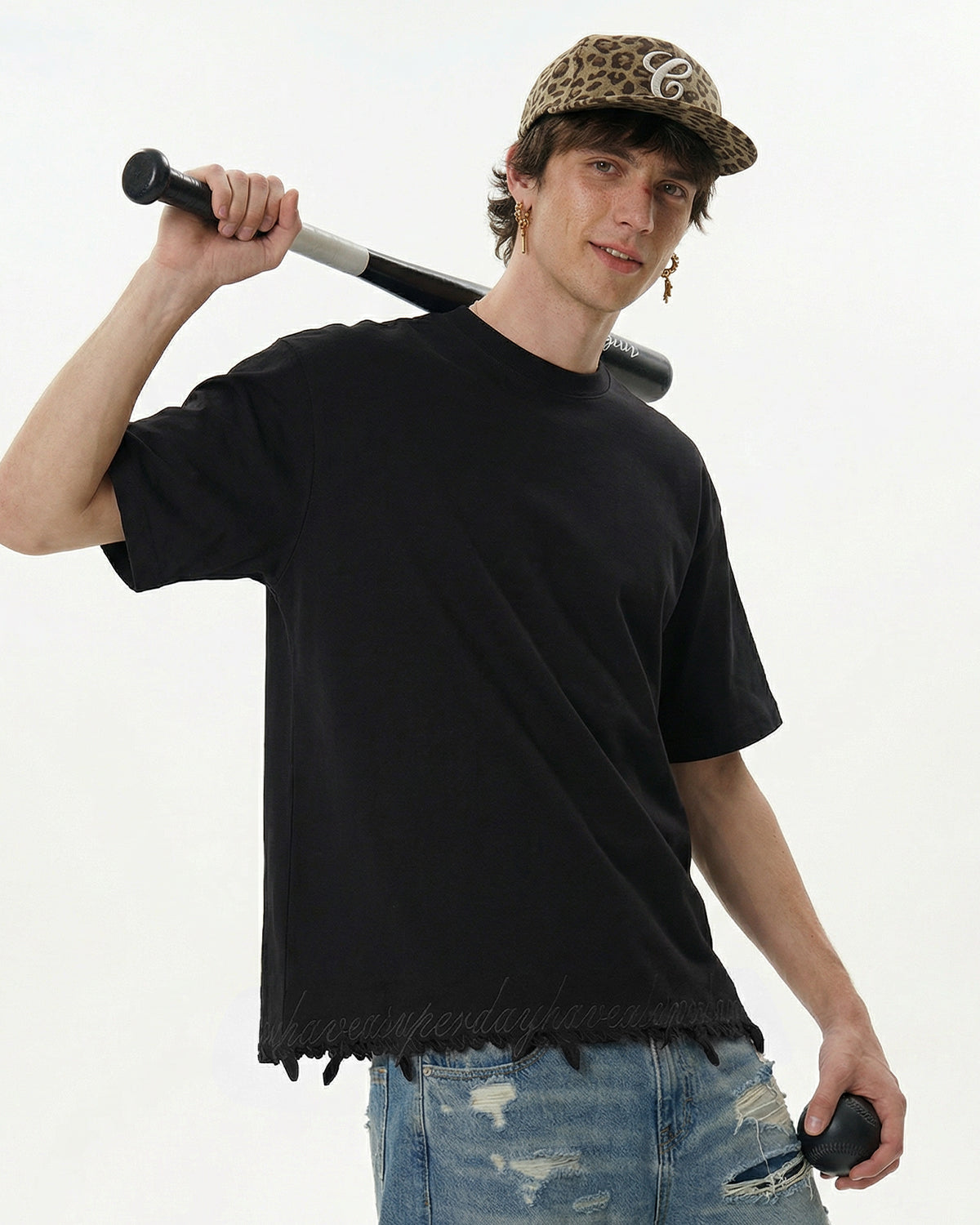 Embroidered Frayed Hem Oversized T-Shirt | LCDEGO Streetwear