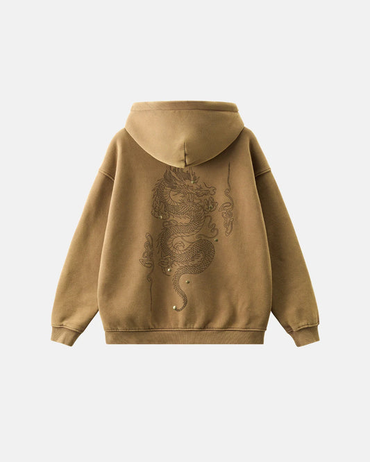 Rivets Dragon Acid Wash Zip Up Hoodies | LCDEGO Streetwear