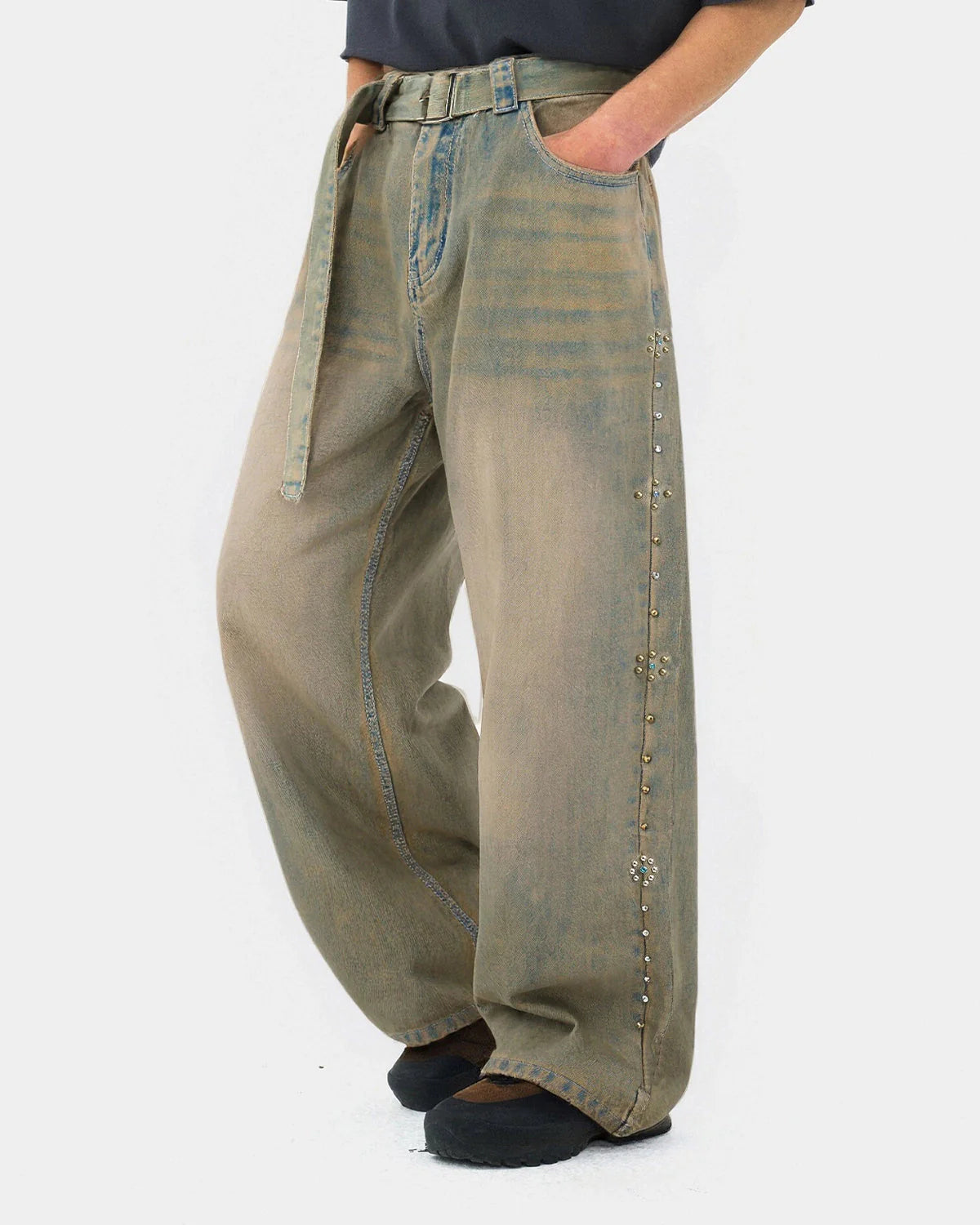 Beaded Studded Washed Baggy Jeans | LCDEGO Streetwear