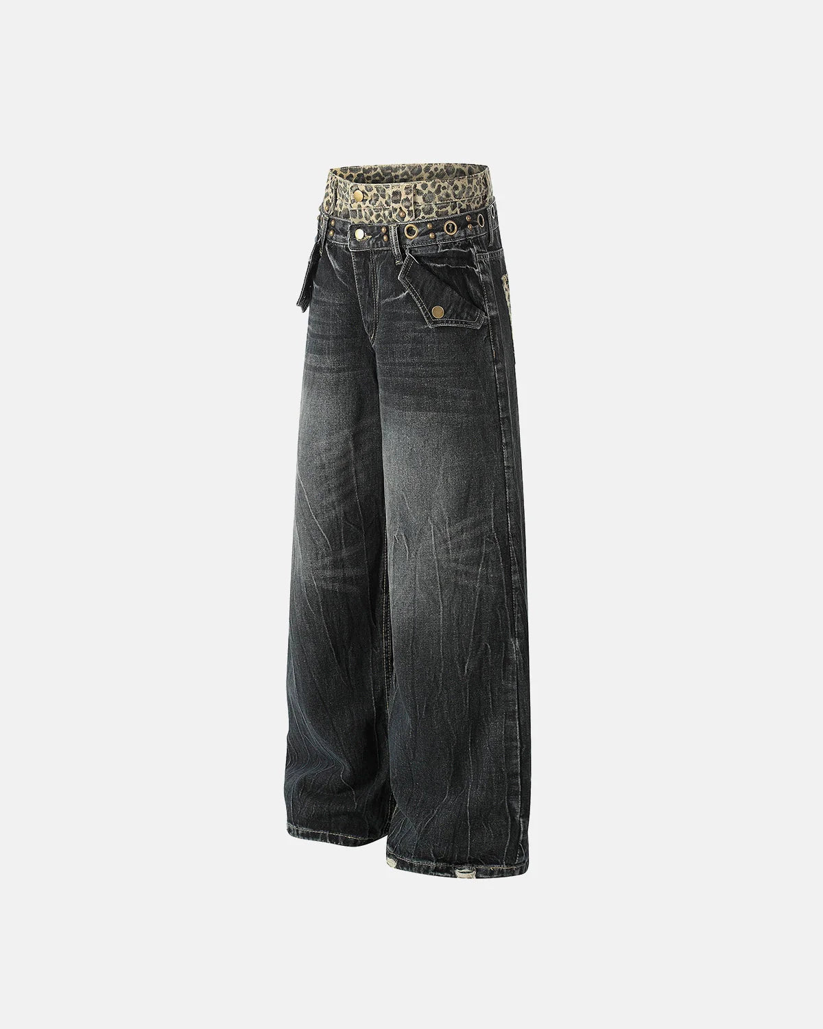 Leopard Pactchwork Double Waist Baggy Jeans | LCDEGO Streetwear