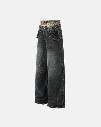 Leopard Pactchwork Double Waist Baggy Jeans | LCDEGO Streetwear