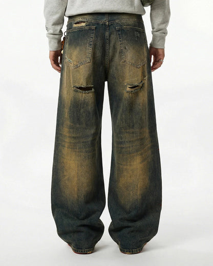 Dirty Wash Rhinestone Baggy Jeans | LCDEGO Streetwear