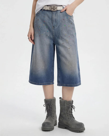 Rhinestone Washed Denim Baggy Jorts | LCDEGO Streetwear