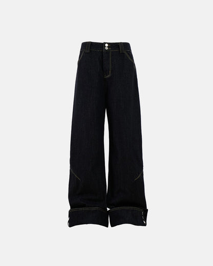 Dark Washed Cuff Detail Wide Leg Jeans | LCDEGO Streetwear