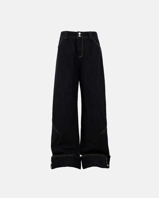 Dark Washed Cuff Detail Wide Leg Jeans | LCDEGO Streetwear