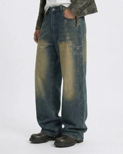 Acid Wash Rhinestone Chain Baggy Jeans | LCDEGO Streetwear