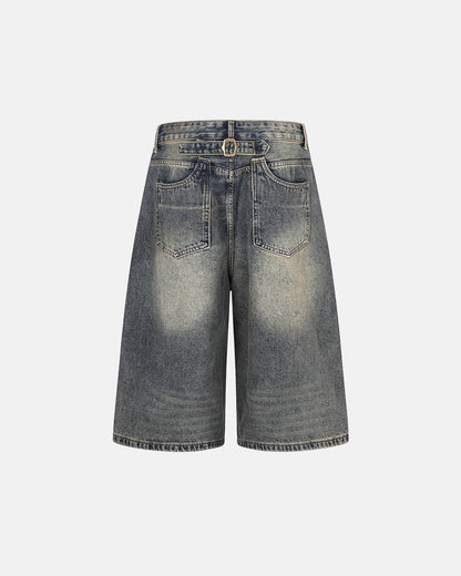 Cinch Back Buckle Acid Washed Jorts | LCDEGO Streetwear