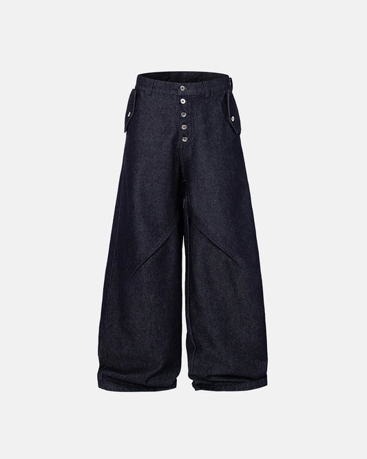 Buttons Up Raw Blue Baggy Jeans | LCDEGO Streetwear