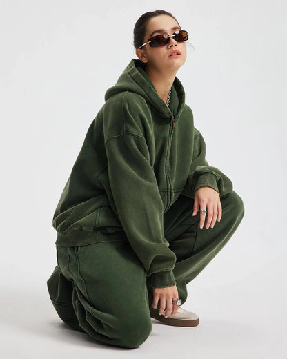 Boxy Fit Acid Washed Fleece Zip Up Hoodies | LCDEGO Streetwear