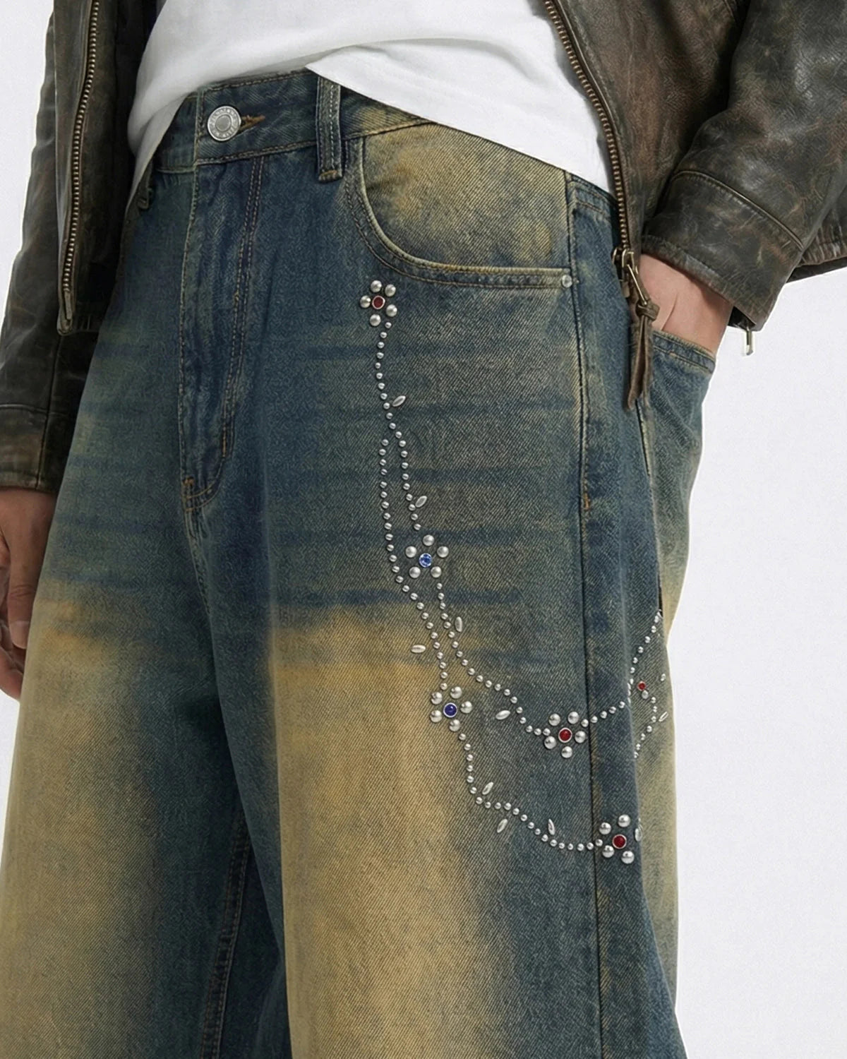 Acid Wash Rhinestone Chain Baggy Jeans | LCDEGO Streetwear