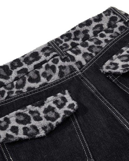 Leopard Patchwork Raw Straight-leg Jeans | LCDEGO Streetwear