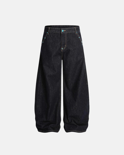 Turquoise Button Rivet Baggy Jeans | LCDEGO Streetwear