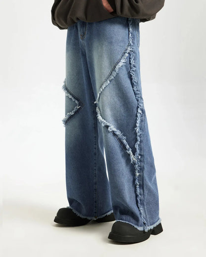 Blue Frayed Acid Wash Pants | LCDEGO Streetwear